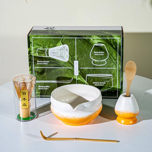 Dmnnlp 5-teiliges Matcha-Schneebesen-Set, Matcha-Teeset mit Schneebesen und Schüssel, Keramik-Schneebesenhalter, Schaufel, Matcha-Set für traditionelle japanische Teezeremonie (weißgelb) von Dmnnlp