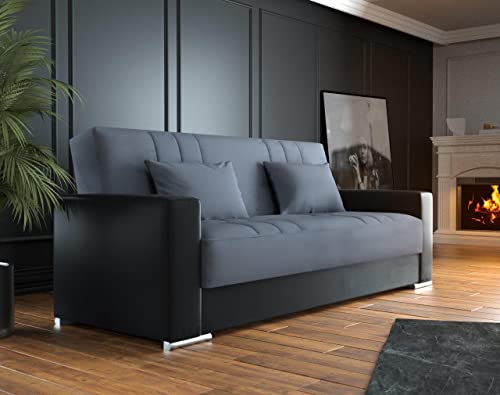 Dmora - Schlafsofa Sergio, 3-Sitzer-Container-Schlafsofa aus Kunstleder und Stoff, Wohnzimmersofa mit Klick-Klack-Öffnung und 2 Kissen inklusive, Cm 230x96h101, Schwarz und Grau von Dmora