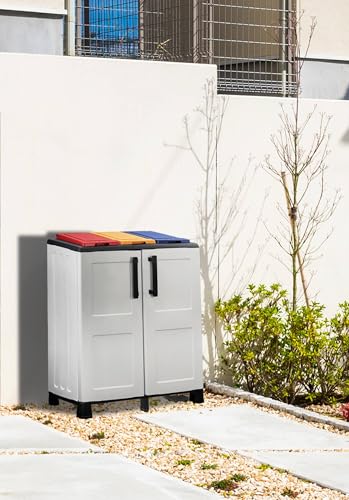 Dmora Abfallschrank für den Innen oder Außenbereich, Mobiltür 3 Taschen zu 2 Türen, 100% Made in Italy, 68x37h90 cm, hellgraue Farbe und farbige Deckel Dmora Abfallschrank für den Innen oder Außenbereich, Mobiltür 3 Taschen zu 2 Türen, 100% Made in Italy, 68x37h90 cm, hellgraue Farbe und farbige Deckel von Dmora