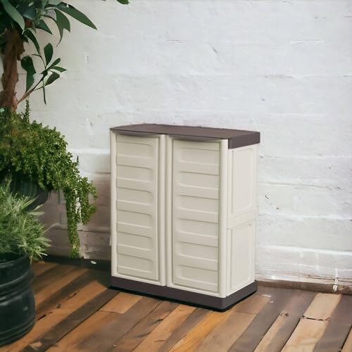 Dmora Armoire d'extérieur Courtrai, Armoire de Balcon polyvalente, Mobilier d'extérieur avec 2 Portes, Beige und Braun, 70 x 39 x 86 cm, Finition Rayée von Dmora