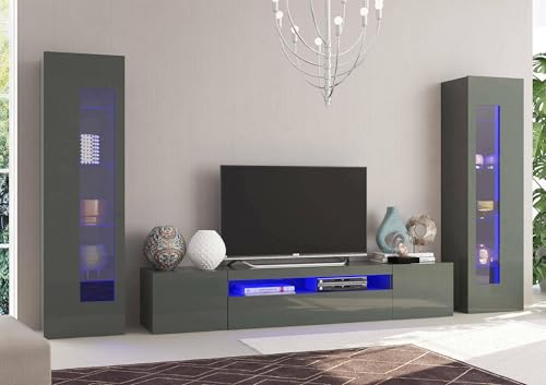 Dmora - Ausgestattete Wand Enzo, TV-Ständer-Wohnzimmerset, Mehrzweck-Wohnzimmermöbel mit LED-Licht, 100 % Made in Italy, 290 x 40 x 162 cm, glänzendes Anthrazit, von Dmora