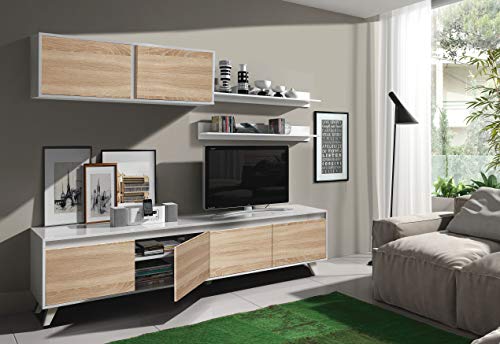 Dmora Ausgestattete Wand für Wohnzimmer, Wohnzimmer-TV-Schrank-Set mit Regalen und Hängeschrank, Eiche und glänzend weiß, Maße 200 x 41 x 50 cm von Dmora
