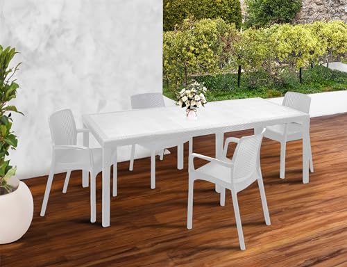 Dmora - Außentisch Manarola, ausziehbarer rechteckiger Esstisch mit 4 Stühlen inklusive, Gartentisch und Sitze in Rattan-Optik, 100% Made in Italy, Weiß von Dmora