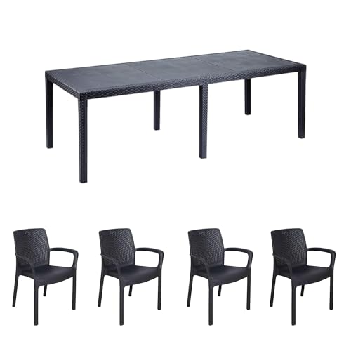 Dmora - Außentisch Manarola, ausziehbarer rechteckiger Esstisch mit 4 Stühlen inklusive, Gartentisch und Sitze in Rattanoptik, 100% Made in Italy, Anthrazit von Dmora