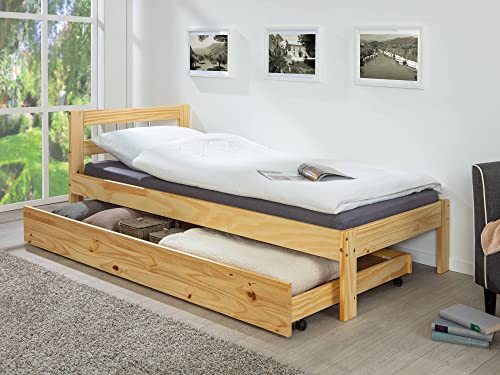 Dmora Ausziehbare Schublade mit Rollen für Bett, in Kiefer massiv naturfarben, Maße 199 x 94 x 22 cm von Dmora