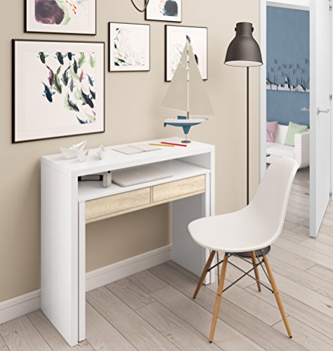 Dmora - Konsolentisch Billings, Schreibtisch mit ausziehbarer Platte, PC-Schreibtisch mit 2 Schubladen, cm 99x36h88, Weiß und Eiche von Dmora
