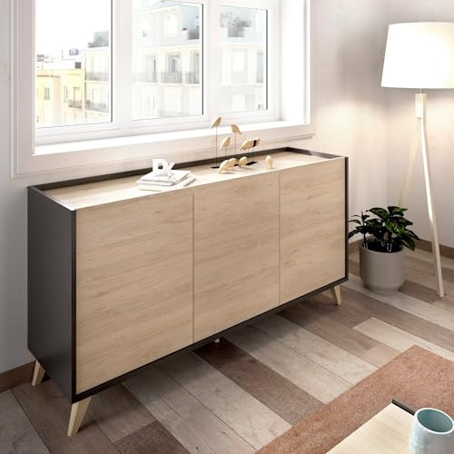 Dmora Avez Sideboard, Buffet, Moderne Anrichte für Wohnzimmer mit 3 Türen, 155 x 43 x 75 cm, Eiche und Anthrazit von Dmora