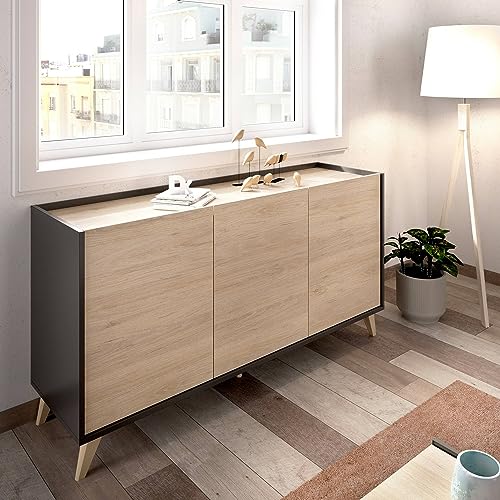 Dmora Avez Sideboard, Buffet, Moderne Anrichte für Wohnzimmer mit 3 Türen, 155 x 43 x 75 cm, Eiche und Anthrazit von Dmora