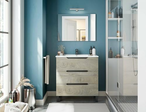 Dmora - Badezimmermöbel Ona, Badezimmerschrank, Mehrzweckschrank, Hängeschrank mit Spiegel, 80x45 h86 cm, Anthrazit und Eiche von Dmora