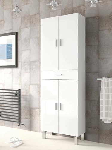 Dmora - Mehrzweck-Kabinett Oxnard, Schrank für Badezimmer oder Waschküche mit 4 Türen und 1 Schublade, Mehrzweck-Schuhschrank, 60x29h182 cm, Glänzend Weiß Dmora - Mehrzweck-Kabinett Oxnard, Schrank für Badezimmer oder Waschküche mit 4 Türen und 1 Schublade, Mehrzweck-Schuhschrank, 60x29h182 cm, Glänzend Weiß von Dmora