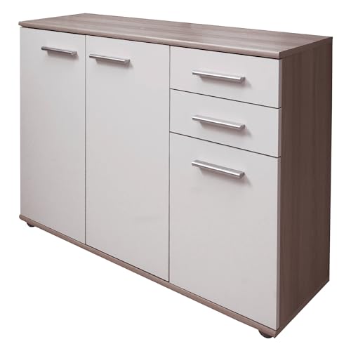 Dmora Sideboard Benifaio Modernes Buffet mit 3 Türen und 2 Schubladen, lineare Anrichte mit Regalen, 103 x 35 x 70 cm, Weiß und Eiche von Dmora
