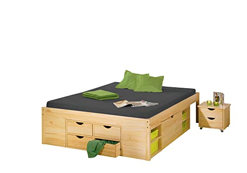 Dmora Bett mit Containern und Nachttisch mit Rollen in massivem Naturfinish von Dmora