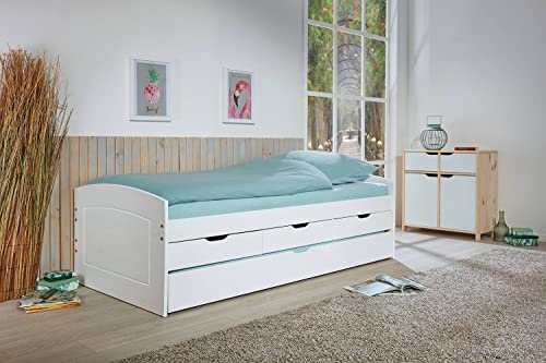 Dmora Bett mit Schubladen und zweitem unteren Ausziehbett, Kiefer massiv weiß gebeizt, 98x205x63 cm, ohne Lattenroste von Dmora