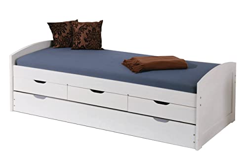Dmora Bett mit Schubladen und zweitem unteren Ausziehbett in weiß wasserlackierter Kiefer massiv von Dmora