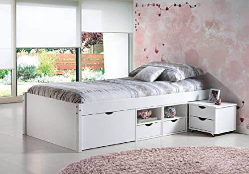 Dmora Bett mit Staufächern und Nachttisch mit Rädern in weiß wasserlackierter massiver Kiefer von Dmora