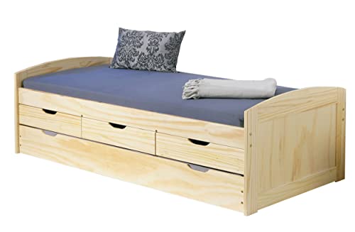 Dmora Bett mit zweitem Ausziehbett und Schubladen, Eichenfarbe, 98 x 63 x 205 cm. von Dmora