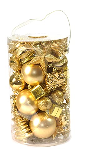 Dmora Box 50 Stück mehrformige Weihnachtsdekorationen, Ornamente und Spitze, Set Sortiment Weihnachtskugeln, Box Weihnachtsbaum Set, 4 bis 10 cm, Gold Farbe von Dmora