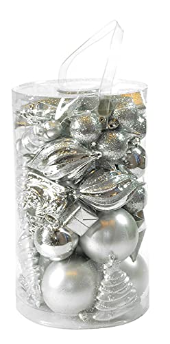 Dmora Box 50 Stück mehrformige Weihnachtsdekorationen, Ornamente und Spitze, Set Sortiment Weihnachtskugeln, Box Weihnachtsbaum Set, 4 bis 10 cm, Silber Farbe von Dmora