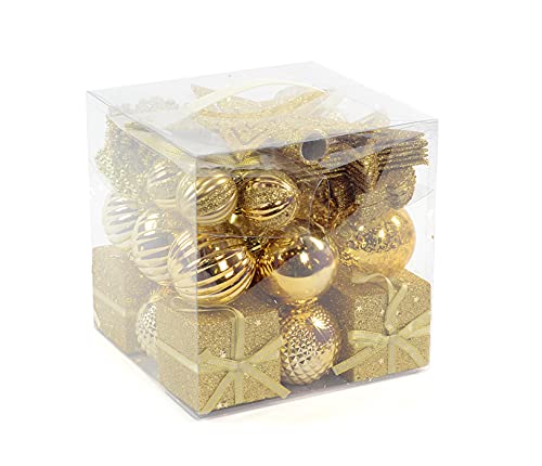 Dmora Box 50 Stück mehrformige Weihnachtsdekorationen, Ornamente und Spitze, Set Sortiment Weihnachtskugeln, Box Weihnachtsbaum Set, 4 bis 7 cm, Gold Farbe von Dmora