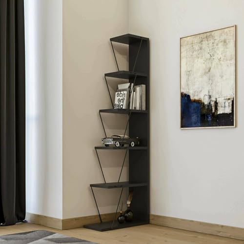 Dmora - Bücherregal Mizar, Büroregal, Mobiler Buchhalter, Bücherbrett, 50x22h150 cm, Anthrazit und Schwarz von Dmora