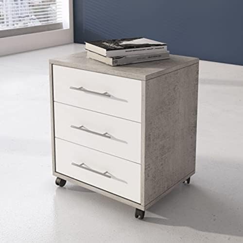 Dmora Bürokommode mit 3 Schubladen auf Rollen, Dokumentenhalter, eleganter Schreibtisch-Nachttisch, cm 43x40h57, Farbe Zement und Weiß von Dmora
