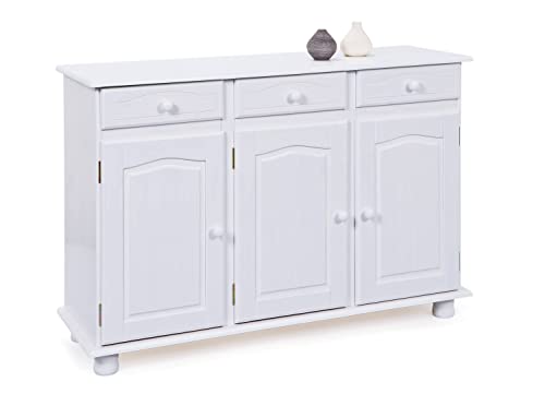Dmora Buffet mit 3 Türen und 3 Schubladen aus weiß wasserlackierter massiver Kiefer 130x43x87h cm Dmora Buffet mit 3 Türen und 3 Schubladen aus weiß wasserlackierter massiver Kiefer 130x43x87h cm von Dmora