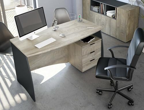 Dmora - Carrollton-Schreibtisch, Büroschreibtisch, PC-Arbeitstisch mit 3 Schubladen, 136 x 67 x 74 cm, Eiche und Anthrazit von Dmora