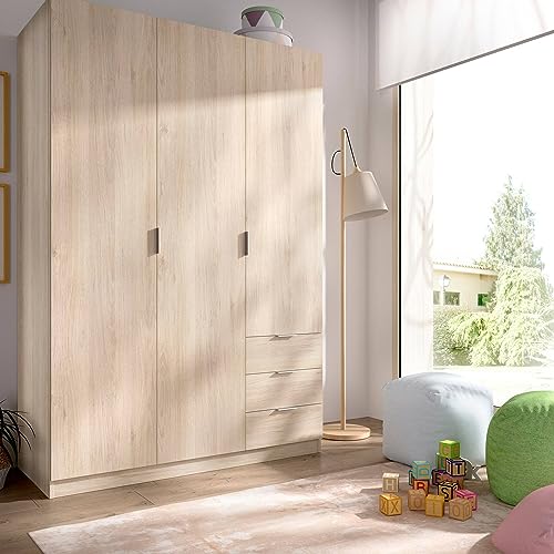 Dmora Cimone Schlafzimmer, Kleiderschrank mit 3 Flügeltüren und 3 Schubladen, 121 x 52 x 184 cm, Eiche von Dmora