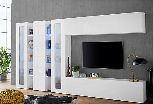 Dmora Clemente Wohnzimmer, TV-Loung-Set mit 5 Türen, Mehrzweck-Wohnzimmermöbel, 100% Made in Italy, 340 x 30 x 180 cm, weiß glänzend von Dmora