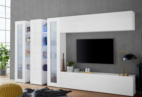 Dmora - Ausgestattete Wand Clemente, 5-türiges TV-Ständer-Wohnzimmerset, Mehrzweck-Wohnzimmermöbel, 100% Made in Italy, 340 x 30 x 180 cm, glänzendes Weiß, von Dmora