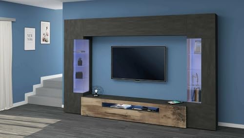 Dmora - Ausgestattete Wand Clementino, 6-türiges TV-Ständer-Wohnzimmerset, Mehrzweck-Wohnzimmermöbel mit LED-Licht, 100% Made in Italy, 290 x 40 x 191 cm, Anthrazit und Ahorn, von Dmora