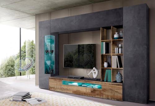 Dmora - Wohnzimmermöbel Ocean, TV-Ständer-Wohnzimmerset, Mehrzweck-Wohnzimmermöbel mit LED-Licht, 100% Made in Italy, 290 x 40 x 192 cm, Schiefer und Ahorn, von Dmora