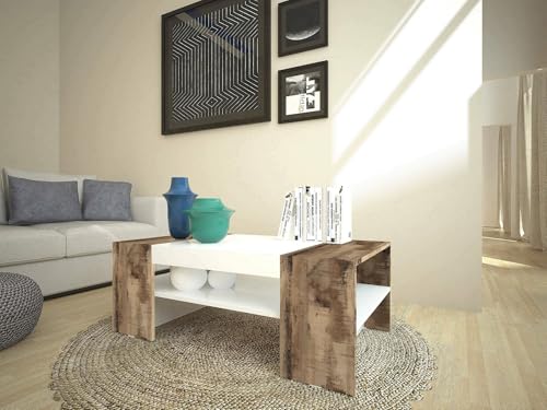 Dmora - Couchtisch Jonni, niedriger Couchtisch, Zeitschriftenständer, 100 % Made in Italy, 110 x 60 x 40 cm, glänzendes Weiß und Ahorn, Dmora - Couchtisch Jonni, niedriger Couchtisch, Zeitschriftenständer, 100 % Made in Italy, 110 x 60 x 40 cm, glänzendes Weiß und Ahorn, von Dmora