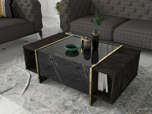 Dmora - Couchtisch Miram, Couchtisch, Zeitschriftenständer für Sofa, Ablage für Wohnzimmer, 104 x 60 x 37 cm, Schwarz und Gold von Dmora