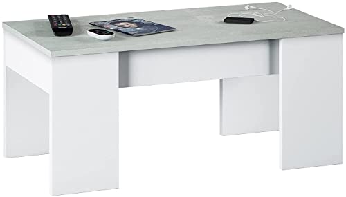Dmora - Couchtisch Oceanside, Couchtisch mit hochklappbarer Platte, niedriger Wohnzimmertisch, 100x50h45/56 cm, Weiß und Beton von Dmora