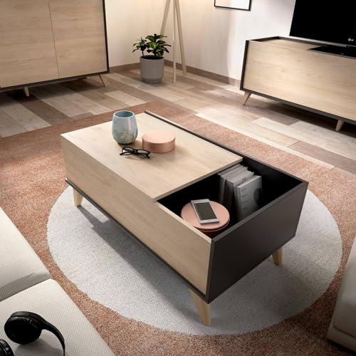 Dmora - Cuna Couchtisch, Wohnzimmer-Zeitungsständer mit Ablagefach, niedriger hochklappbarer Couchtisch, 99 x 60 x 41 cm, Anthrazit und Eiche Dmora - Cuna Couchtisch, Wohnzimmer-Zeitungsständer mit Ablagefach, niedriger hochklappbarer Couchtisch, 99 x 60 x 41 cm, Anthrazit und Eiche von Dmora