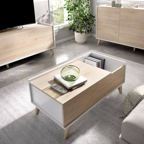 Dmora - Cuna Couchtisch, Wohnzimmer-Zeitungsständer mit Ablagefach, niedriger hochklappbarer Couchtisch, 99 x 60 x 41 cm, Eiche und Weiß Dmora - Cuna Couchtisch, Wohnzimmer-Zeitungsständer mit Ablagefach, niedriger hochklappbarer Couchtisch, 99 x 60 x 41 cm, Eiche und Weiß von Dmora