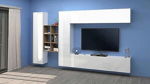 Dmora Danilo TV-Lounge-Set mit 4 Türen, Mehrzweck-Wohnzimmermöbel, 100% Made in Italy, 280 x 30 x 180 cm, Weiß glänzend und Ahorn von Dmora