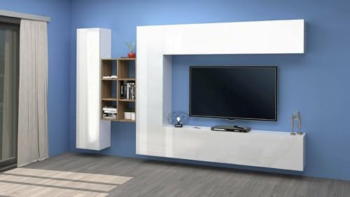 Dmora - Ausgestattete Wand Danilo, 4-türiges TV-Ständer-Wohnzimmerset, Mehrzweck-Wohnzimmermöbel, 100% Made in Italy, 280 x 30 x 180 cm, glänzendes Weiß und Ahorn, Dmora - Ausgestattete Wand Danilo, 4-türiges TV-Ständer-Wohnzimmerset, Mehrzweck-Wohnzimmermöbel, 100% Made in Italy, 280 x 30 x 180 cm, glänzendes Weiß und Ahorn, von Dmora