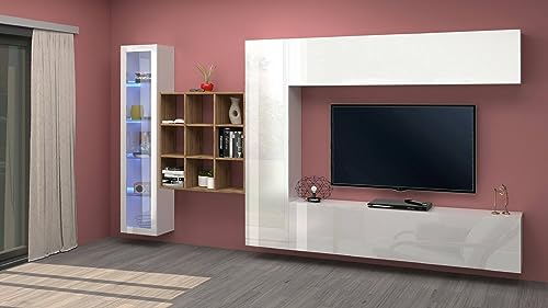 Dmora Davis Wohnzimmer-Set, TV mit 4 Türen, Mehrzweck-Wohnzimmermöbel mit Vitrine und LED-Licht, 100% Made in Italy, 310 x 30 x 180 cm, Weiß glänzend und Ahorn von Dmora