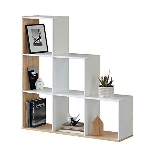 Dmora - Bücherregal Cincinnati, Doppelseitiges Bücherregal mit 6 Fächern, Bürotrennregal, cm 108x28h110, Weiß und Eiche von Dmora