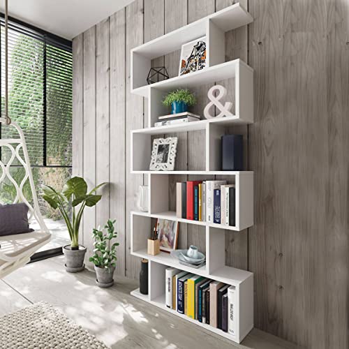 Dmora Dekoratives und funktionales Bücherregal, weiß, glänzend, 80 x 25 x 192 cm, doppelseitig von Dmora
