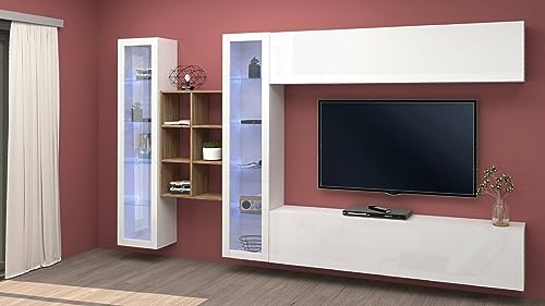 Dmora Demetrio Wohnzimmer-Set, TV-Ständer mit 4 Türen, Mehrzweck-Wohnzimmermöbel, 100% Made in Italy, 280 x 30 x 180 cm, Weiß glänzend und Ahorn von Dmora