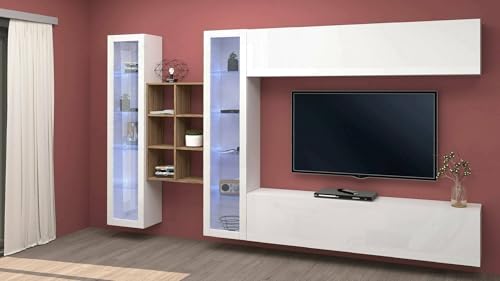 Dmora - Ausgestattete Wand Demetrio, 4-türiges TV-Ständer-Wohnzimmerset, Mehrzweck-Wohnzimmermöbel, 100% Made in Italy, 280 x 30 x 180 cm, glänzendes Weiß und Ahorn, von Dmora