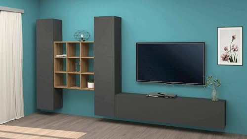 Dmora - Ausgestattete Wand Denis, 3-türiges TV-Ständer-Wohnzimmerset, Mehrzweck-Wohnzimmermöbel, 100% Made in Italy, 270 x 30 x 180 cm, Anthrazit und Ahorn, Dmora - Ausgestattete Wand Denis, 3-türiges TV-Ständer-Wohnzimmerset, Mehrzweck-Wohnzimmermöbel, 100% Made in Italy, 270 x 30 x 180 cm, Anthrazit und Ahorn, von Dmora