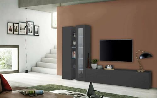 Dmora - Ausgestattete Wand Dimitri, 3-türiges TV-Ständer-Wohnzimmerset, Mehrzweck-Wohnzimmermöbel mit Vitrine und LED-Licht, 100% Made in Italy, 280 x 30 x 180 cm, Anthrazit, von Dmora