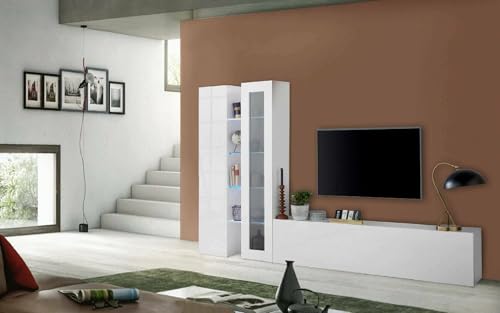 Dmora - Ausgestattete Wand Dimitri, 3-türiges TV-Ständer-Wohnzimmerset, Mehrzweck-Wohnzimmermöbel mit Vitrine und LED-Licht, 100% Made in Italy, 280 x 30 x 180 cm, glänzendes Weiß, von Dmora