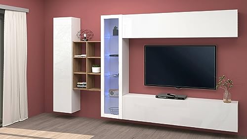 Dmora Dino Wohnzimmer, TV-Loung-Set mit 4 Türen, Mehrzweck-Wohnzimmermöbel mit Vitrine und LED-Licht, 100% Made in Italy, 280 x 30 x 180 cm, Weiß glänzend und Ahorn, Holzwerkstoff von Dmora