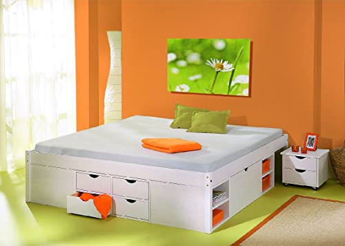 Dmora Doppelbett mit Staufächern und Nachttisch inklusive Rollen, Farbe weiß, 186,5 x 47,5 x 209 cm von Dmora