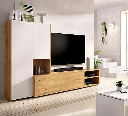 Dmora Einbauwand Ainos, Wohnzimmer-Set, TV-Schrank, Mehrzweck-Lounge, 227 x 40 x 141 cm, Eiche Nodi und Weiß von Dmora